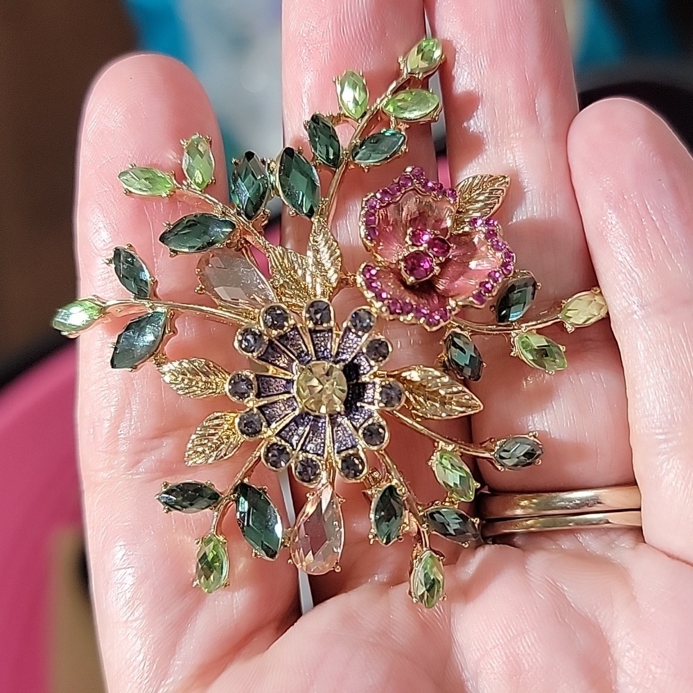 Napier Floral Spray Multi-Color Rhinestone Enamel Brooch